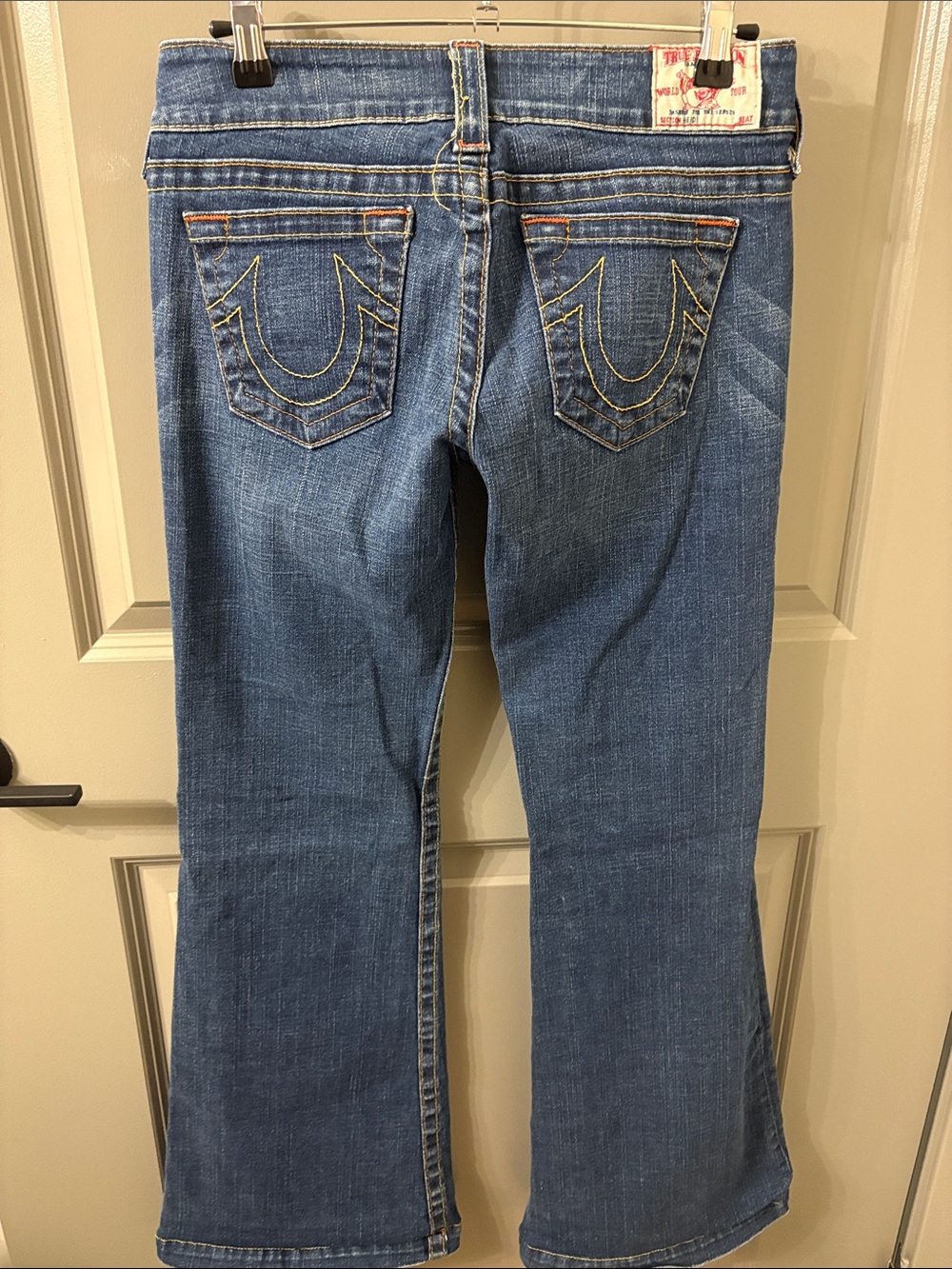 True Religion Blue Flare Jeans with Signature Pocket Stitching